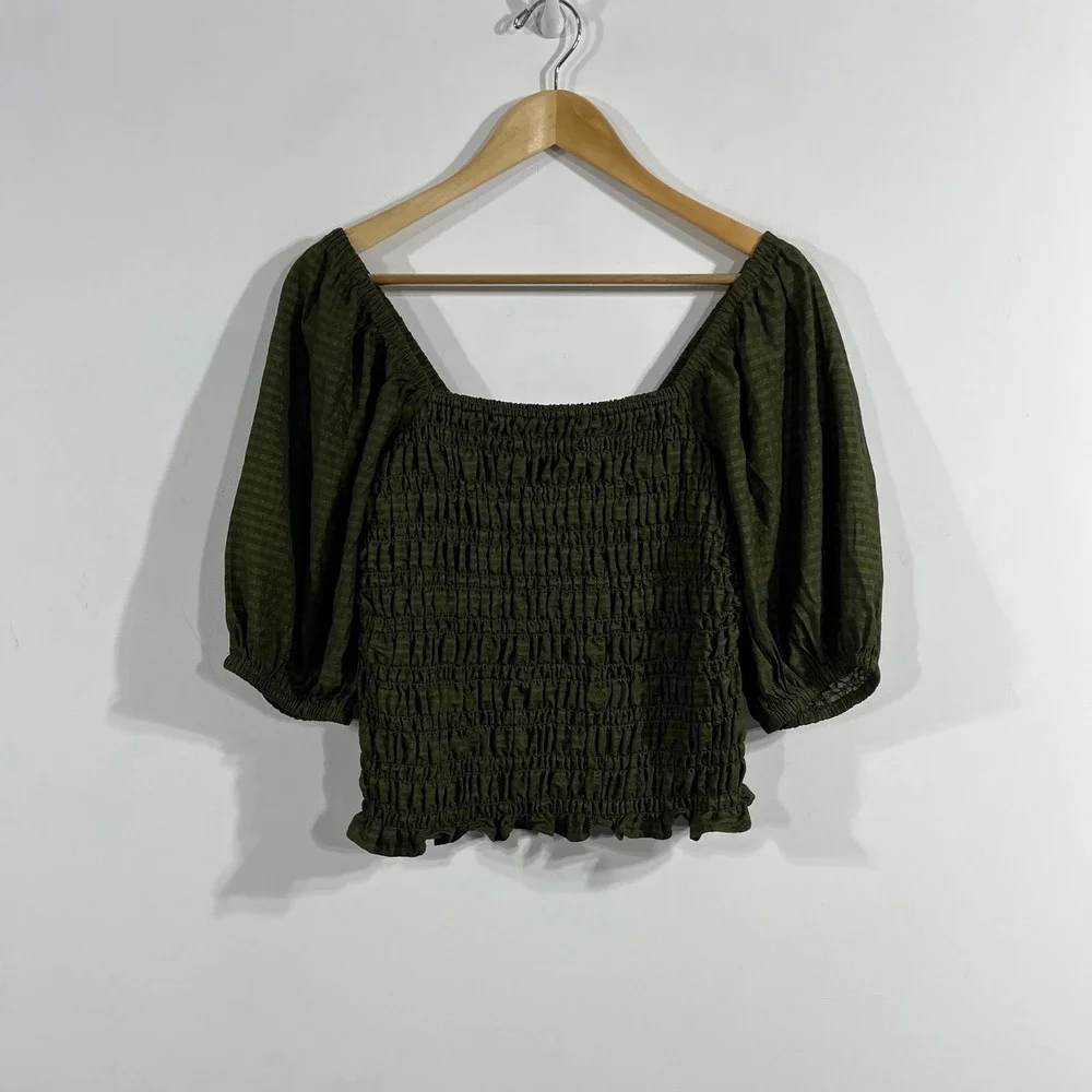 Old Navy Renfair Fairy Grunge Green Smocked Puff Sleeve Top Womens Medium Boho